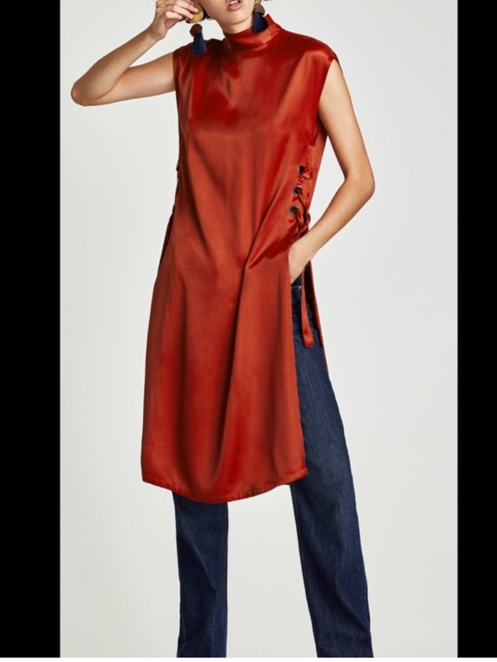 Zara Brick Terracotta Satin Mao Dress with Side Lace-Up